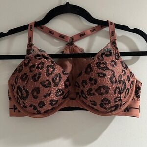 Victoria's Secret PINK Date Push-Up Bra 34D Leopard Lace Front Close‎ Racerback